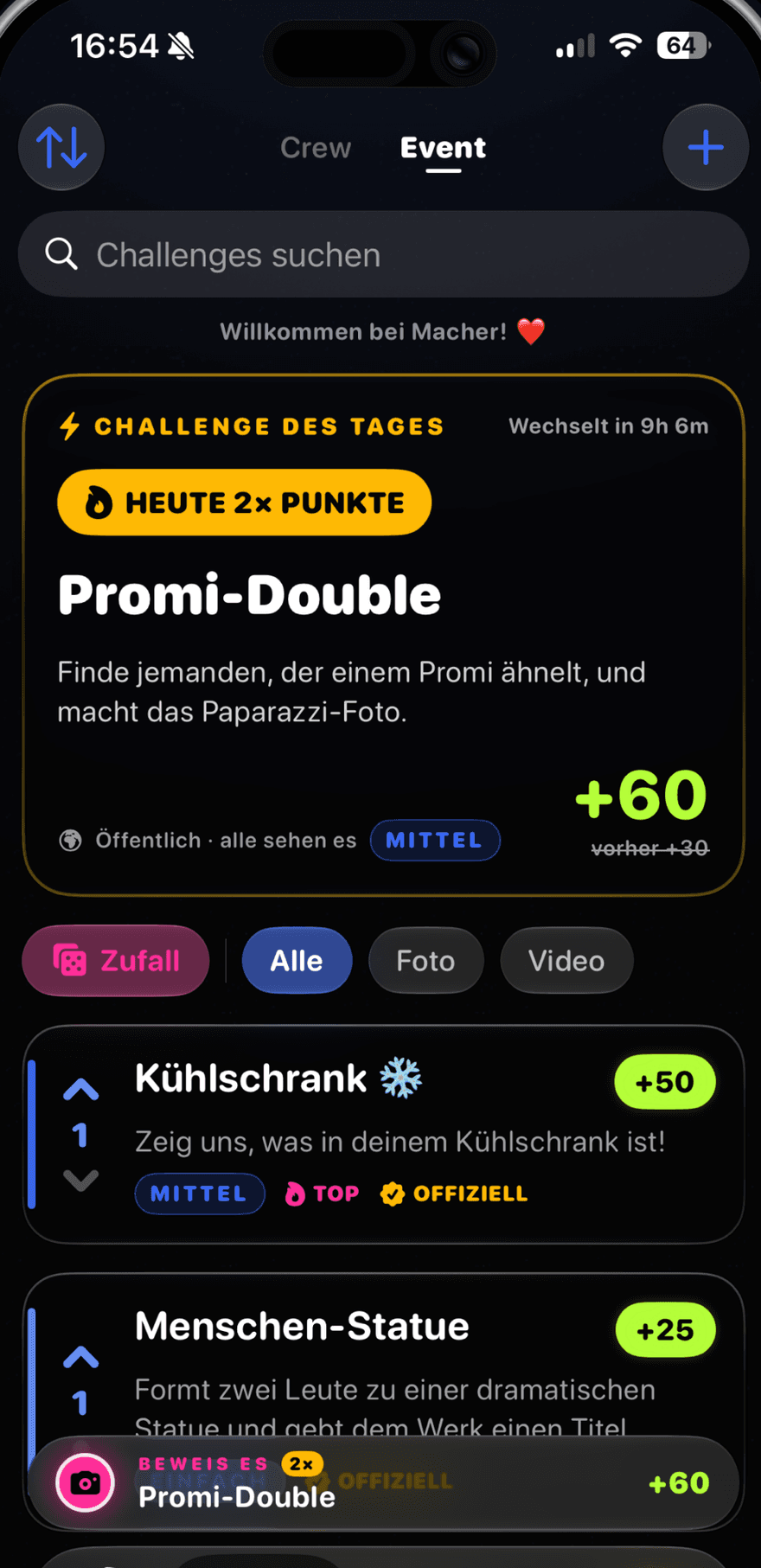 Macher auf dem iPhone: die Aufgabe des Tages mit doppelten Punkten, darunter weitere Aufgaben mit Punktzahlen.